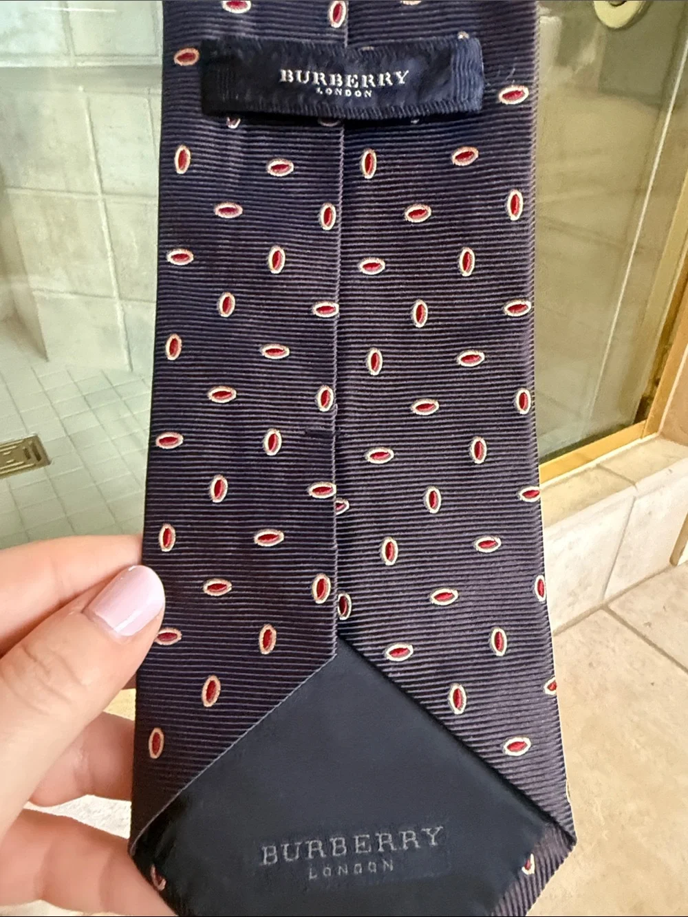 Burberry Navy Silk Tie with Red Oval Motif